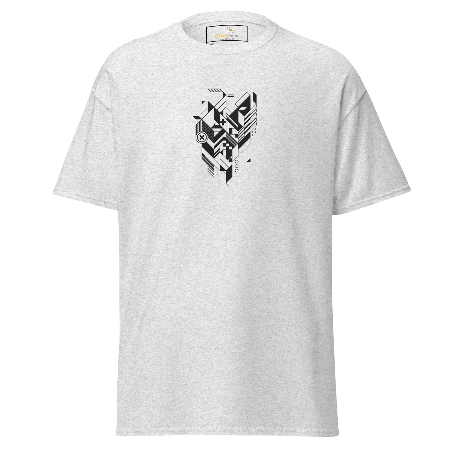 White t-shirt with geometric design.
