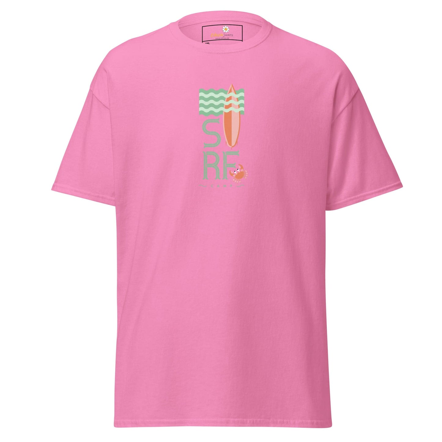 Pink t-shirt with a surf design.