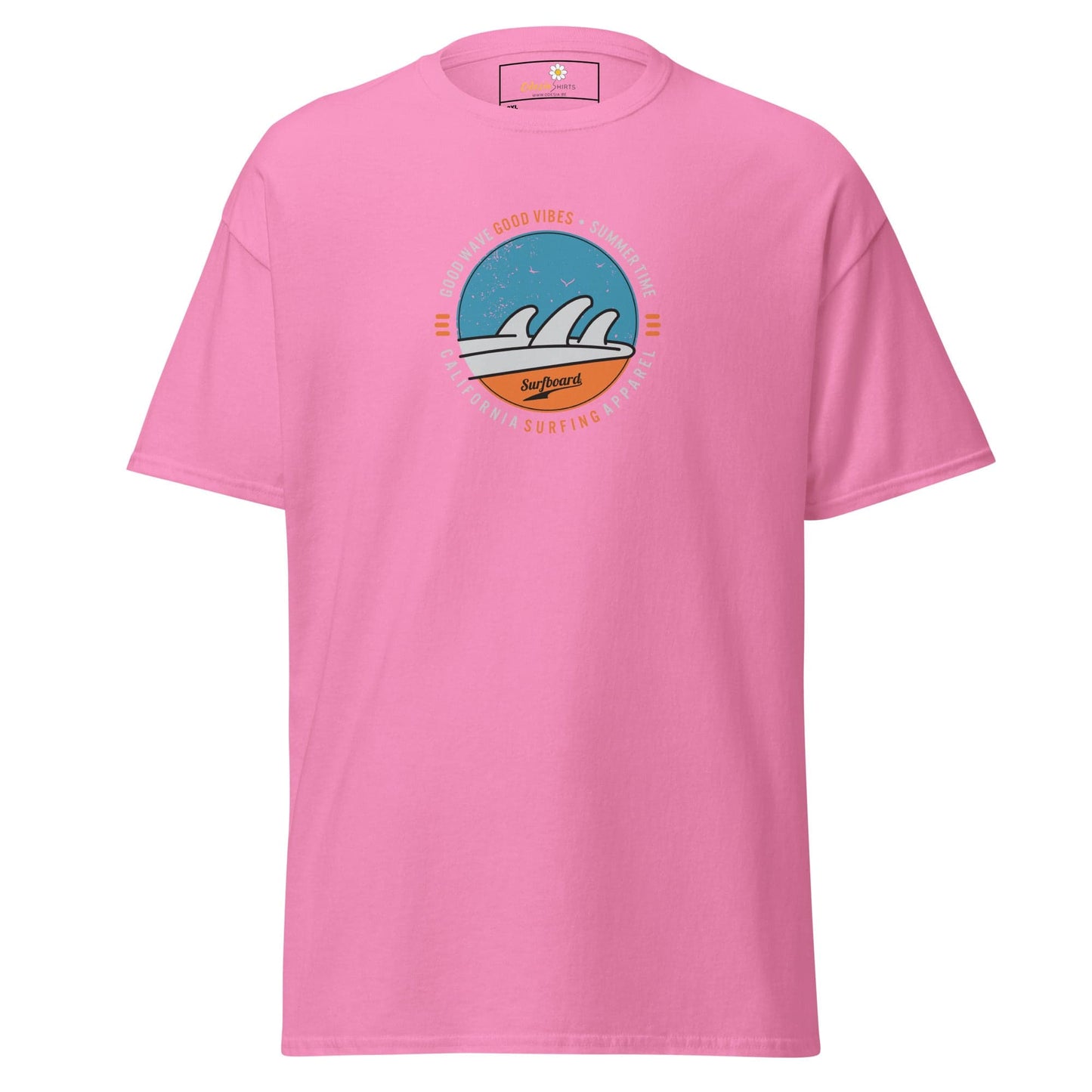 Pink t-shirt with a circular wave design.