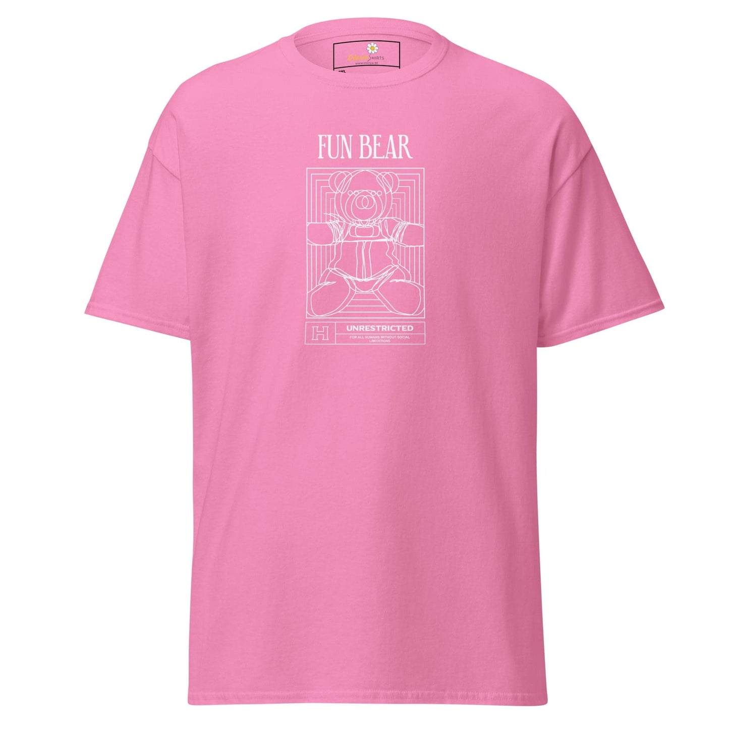 Pink t-shirt with bear graphic.
