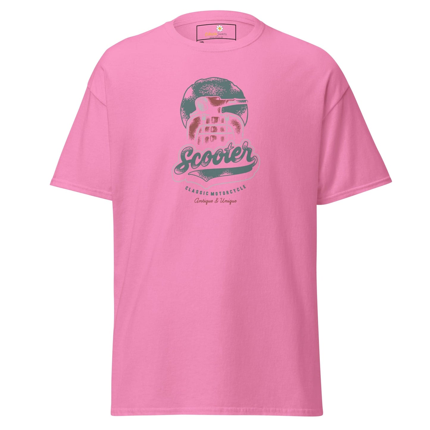 Pink t-shirt with scooter graphic.