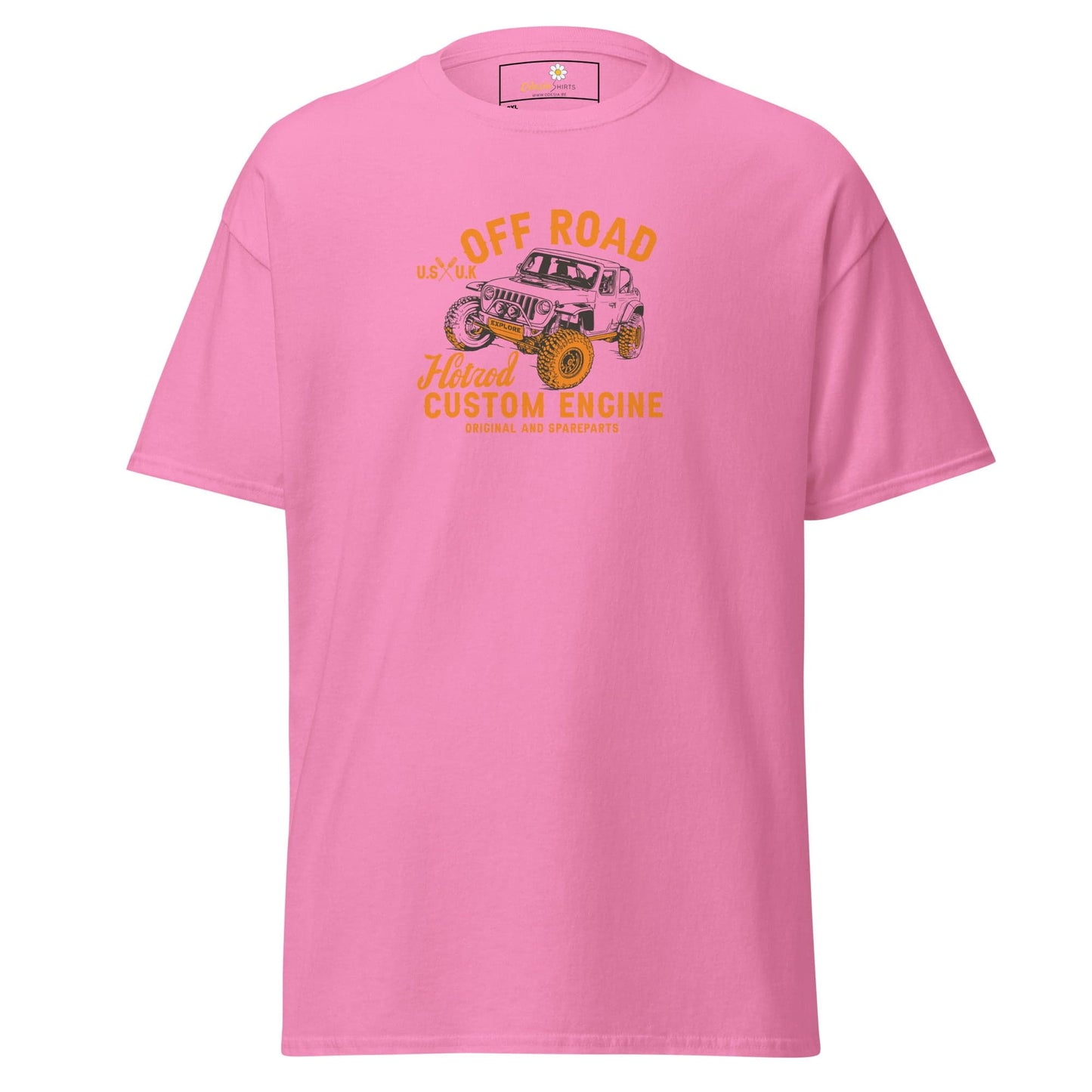 Pink t-shirt with off-road vehicle graphic.