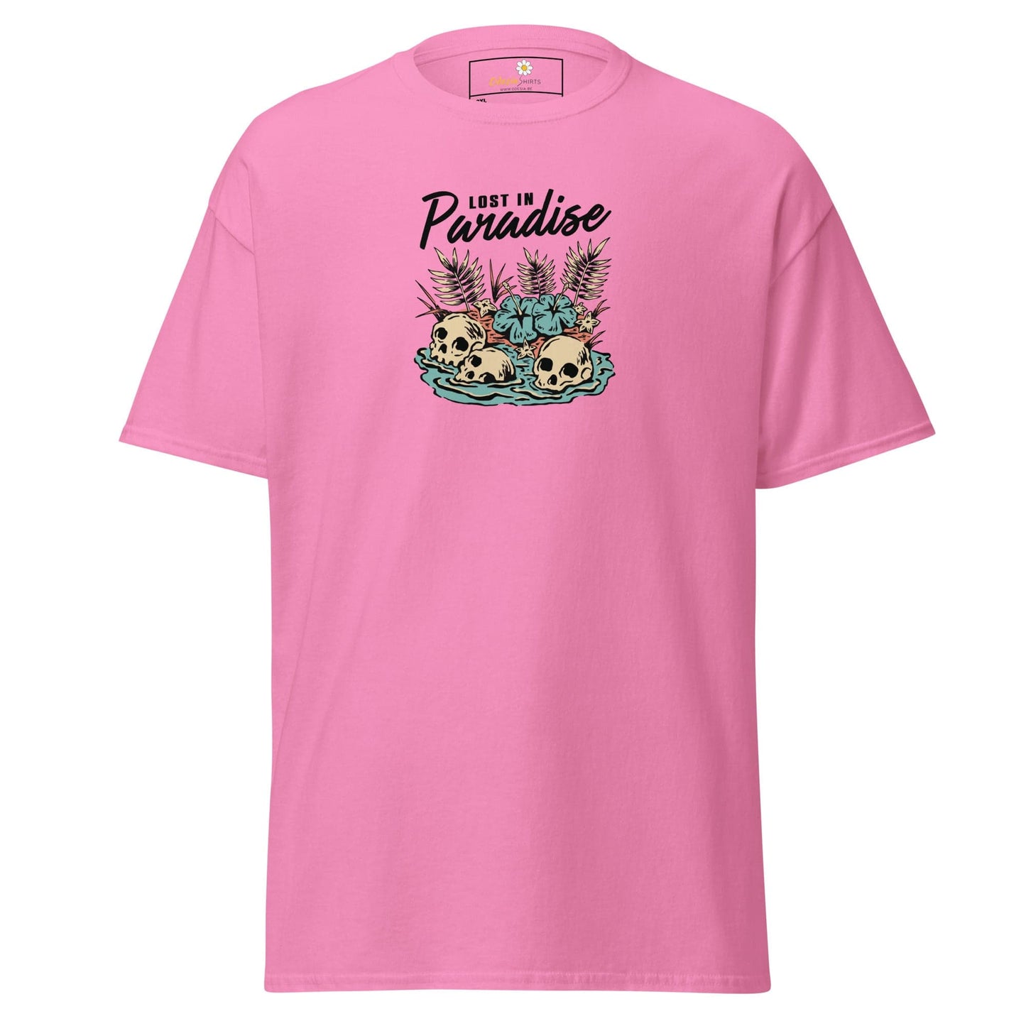 Pink T-shirt with skull graphic for men and women available in 2XL to 5XL sizes