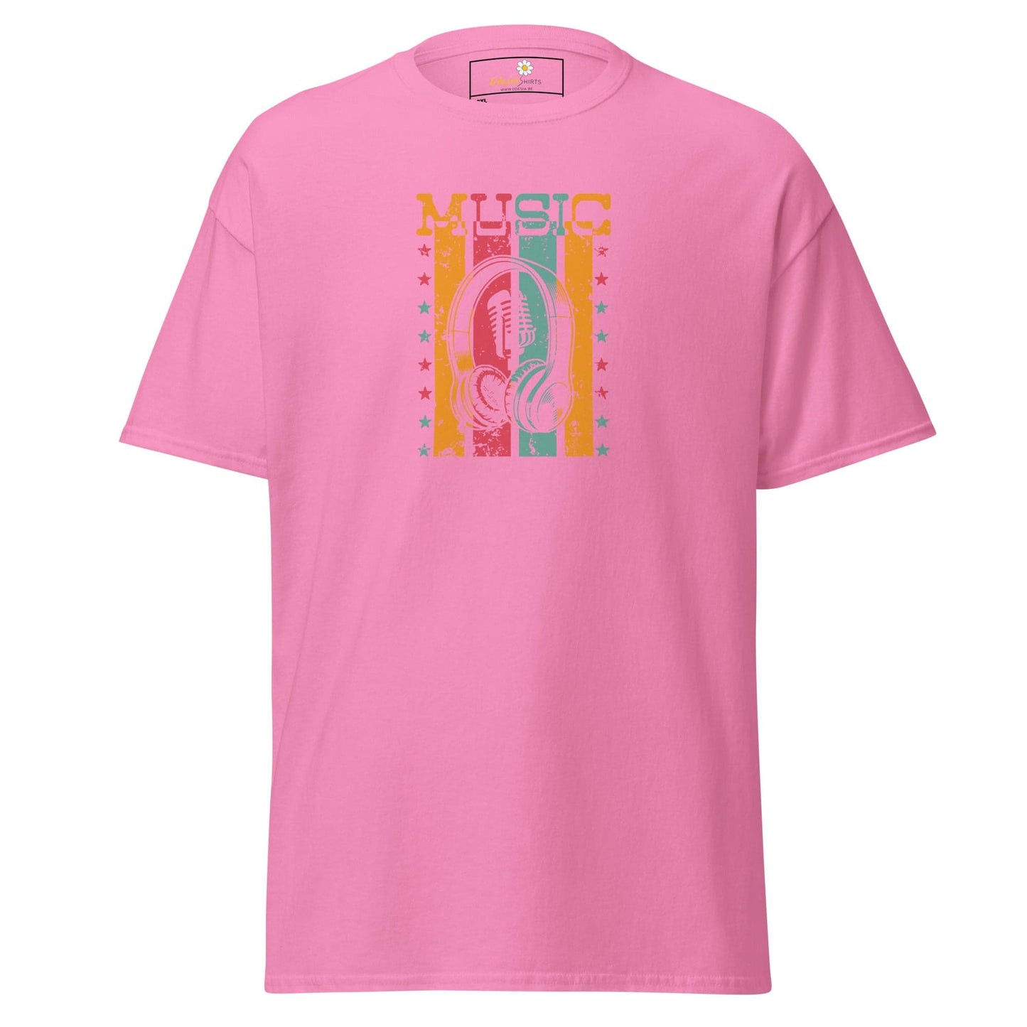 Pink T-shirt with music graphic for men and women in sizes 2XL to 5XL
