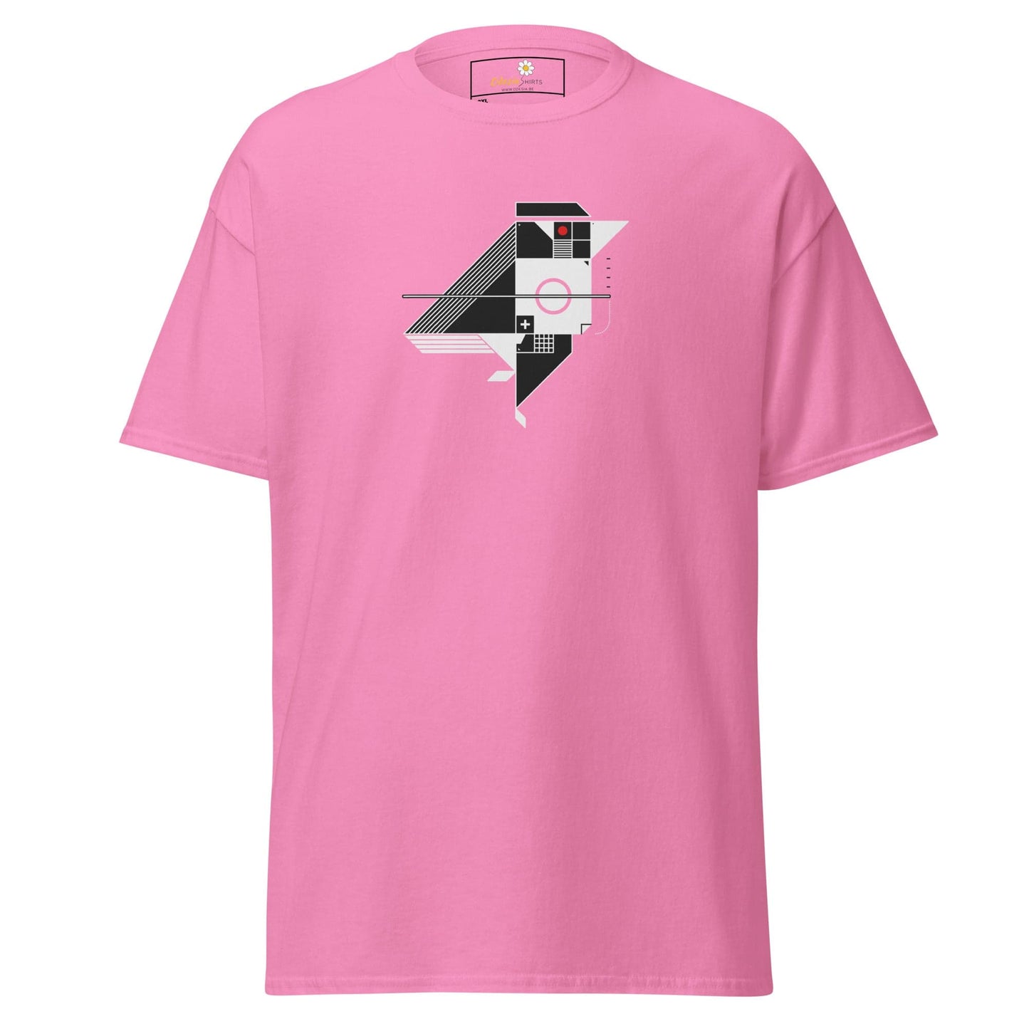 Pink t-shirt with geometric design.