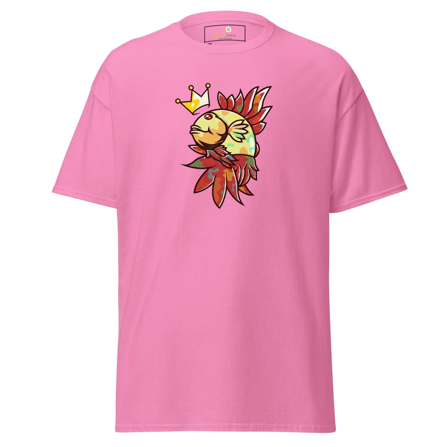 Pink t-shirt with a fish wearing a crown design for men and women in 2XL to 5XL sizes