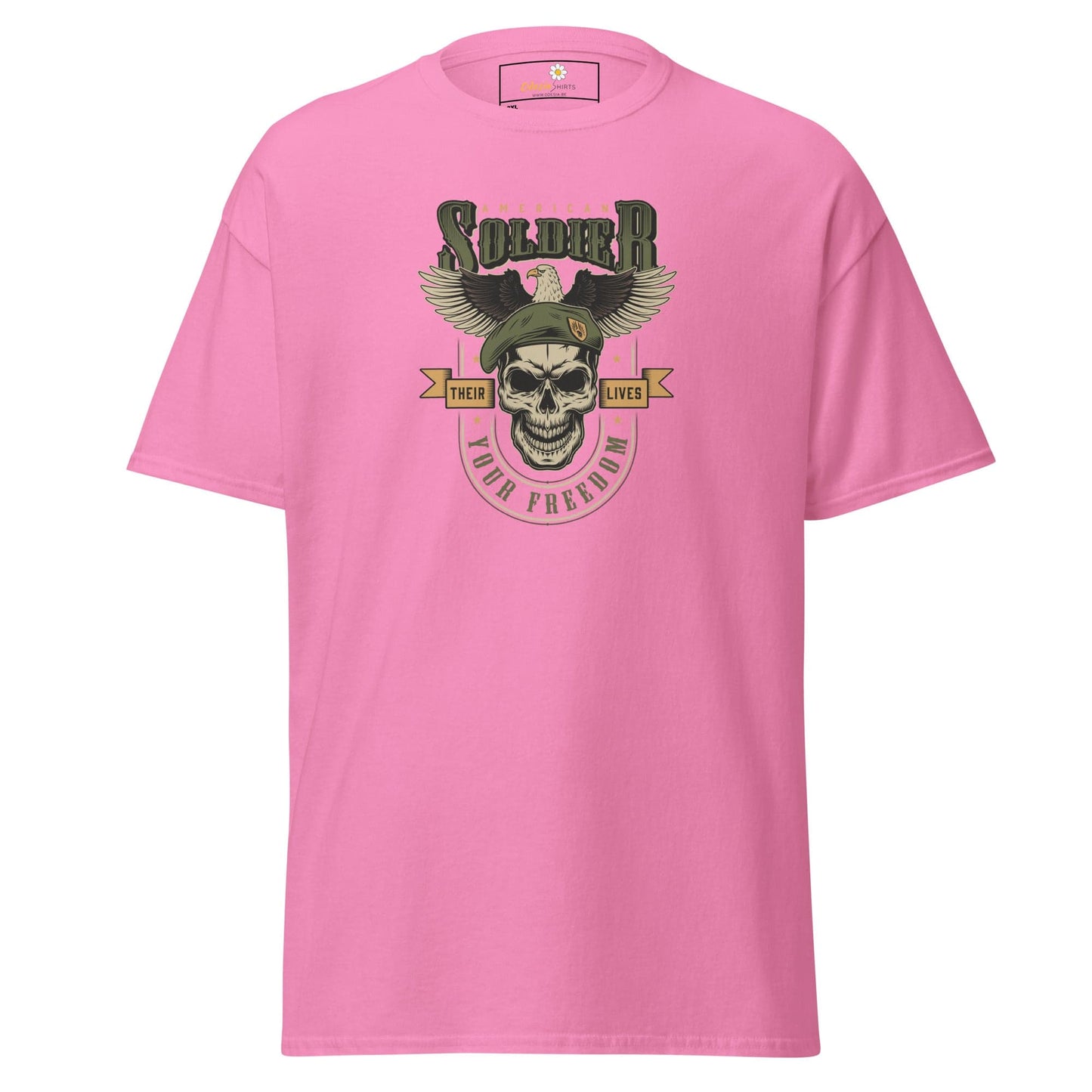 Pink T-shirt with soldier skull graphic for Men and Women in 2XL to 5XL sizes