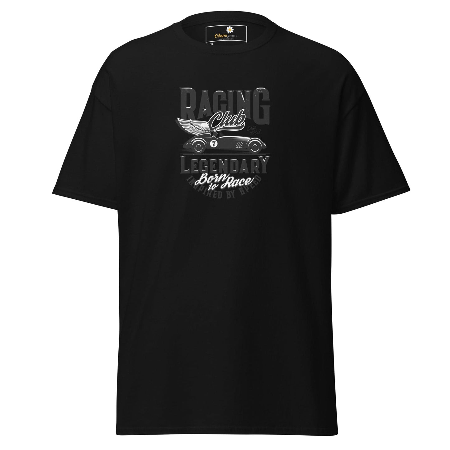 Black t-shirt with racing car graphic.