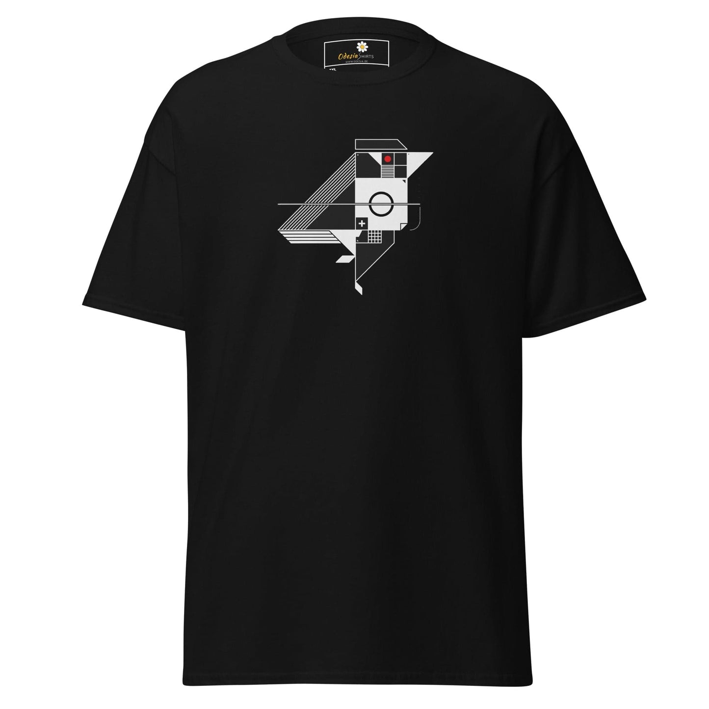 Black t-shirt with geometric bird design.
