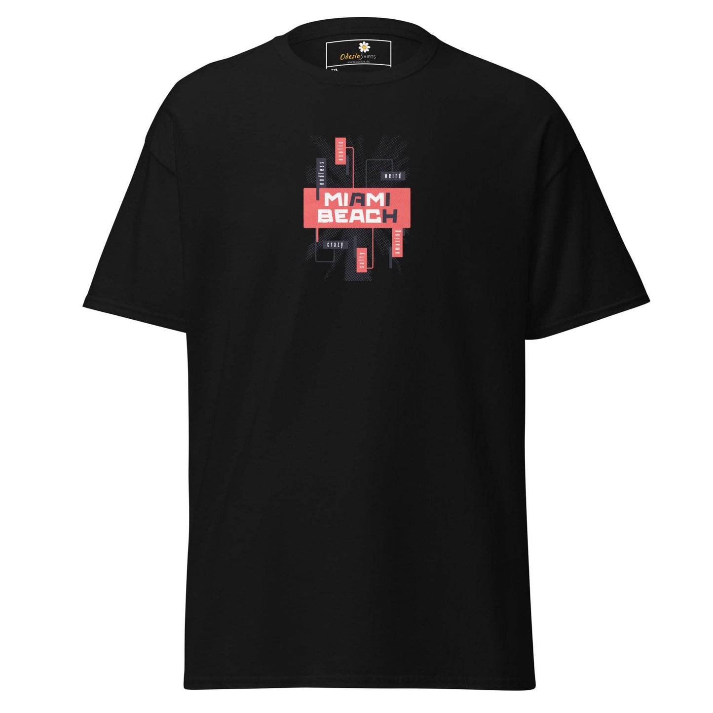 Black T-shirt with Miami Beach graphic from T-SHIRT DESIGN TEE for men and women
