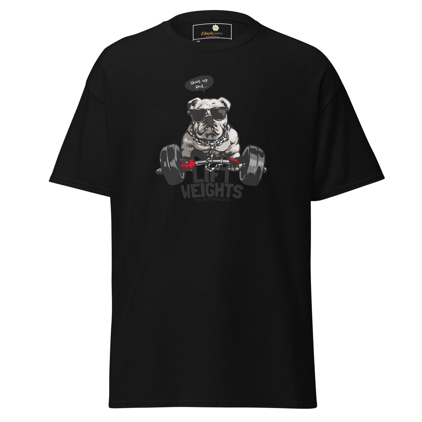 Black t-shirt with dog graphic.