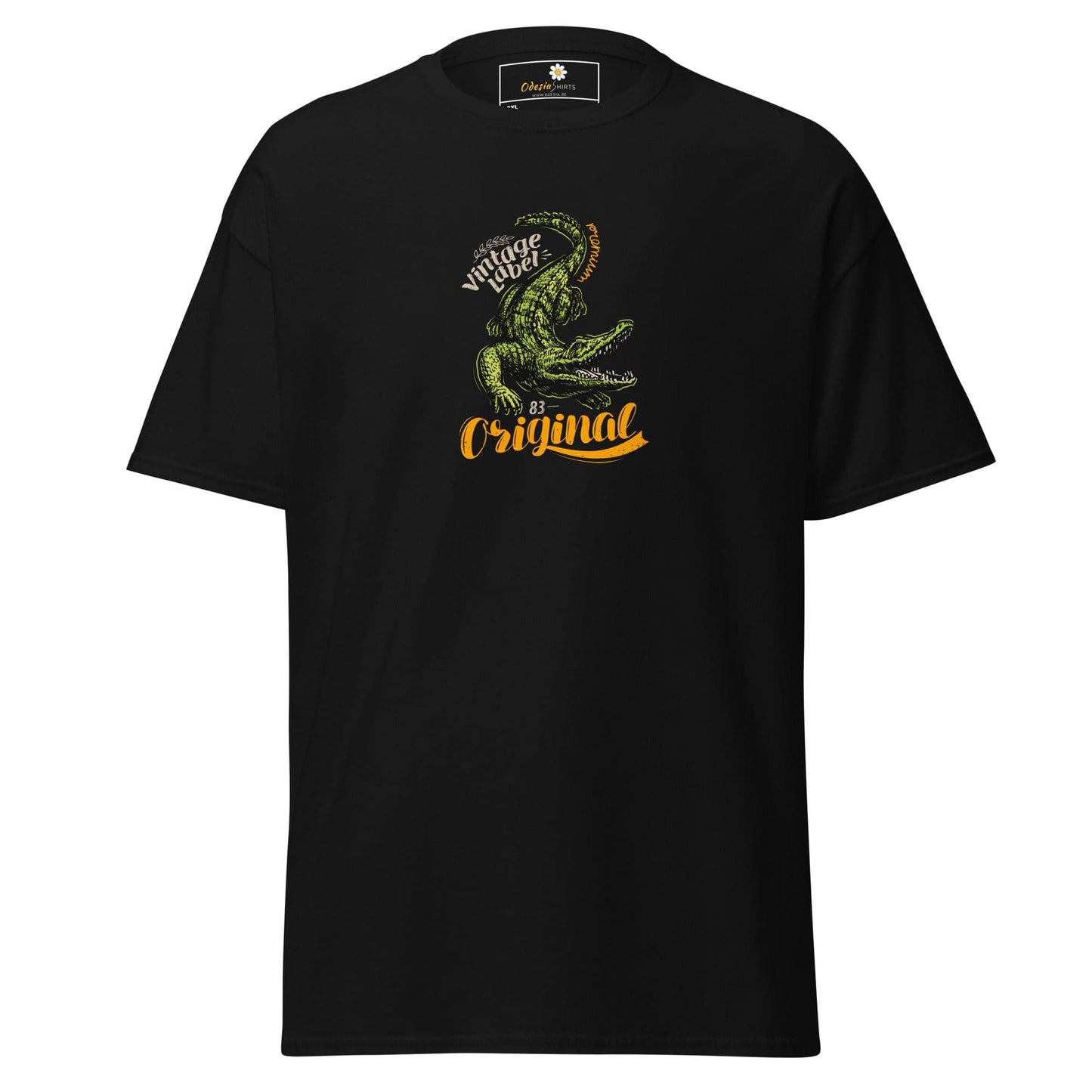 Black t-shirt with crocodile graphic.