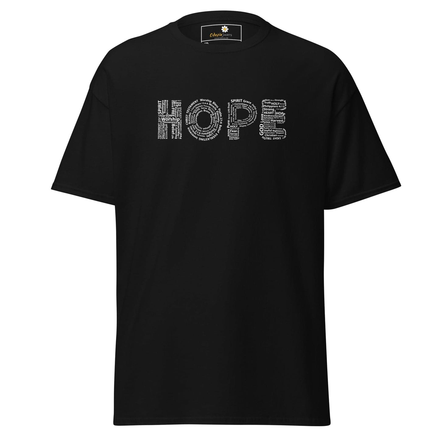 Black t-shirt with ’HOPE’ word art.