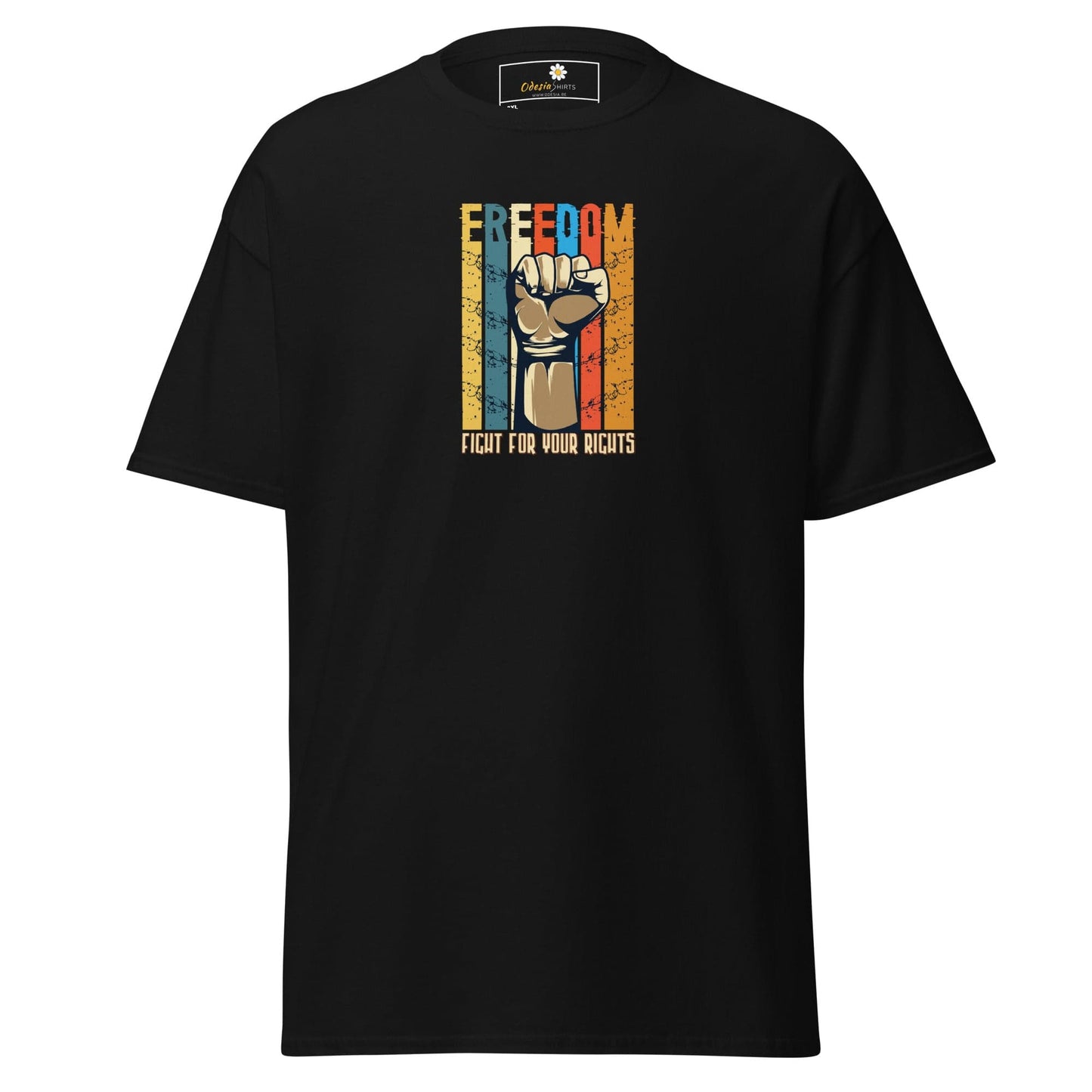 Black T-shirt with a Freedom fist graphic, available in men’s and women’s sizes from 2XL to 5XL