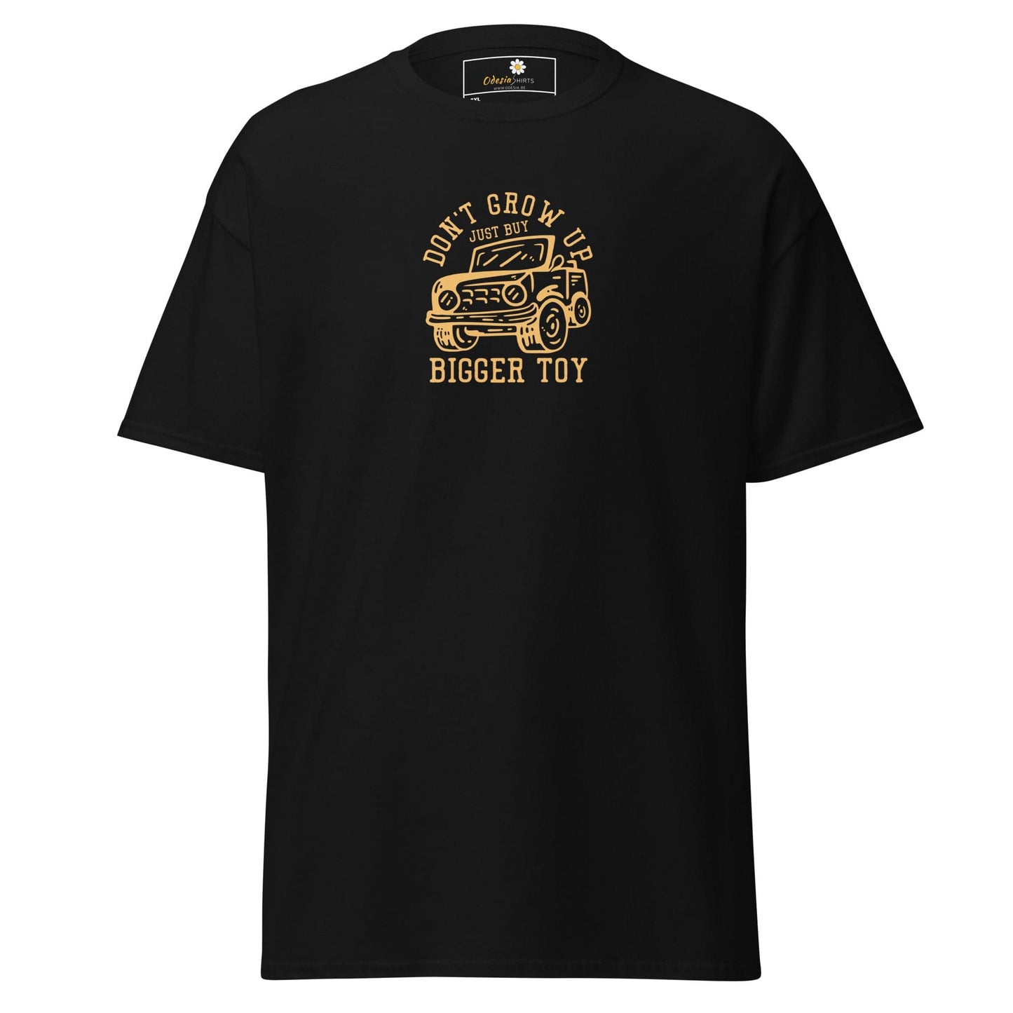 Black t-shirt with a car graphic.