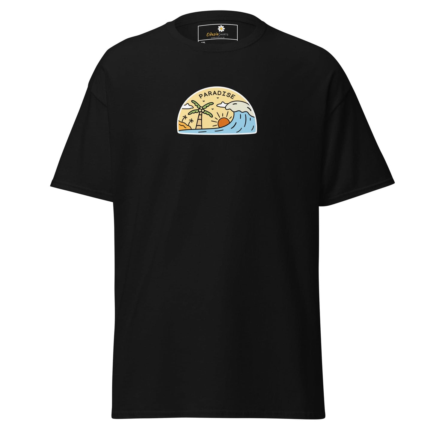 Black t-shirt with a beach scene graphic.
