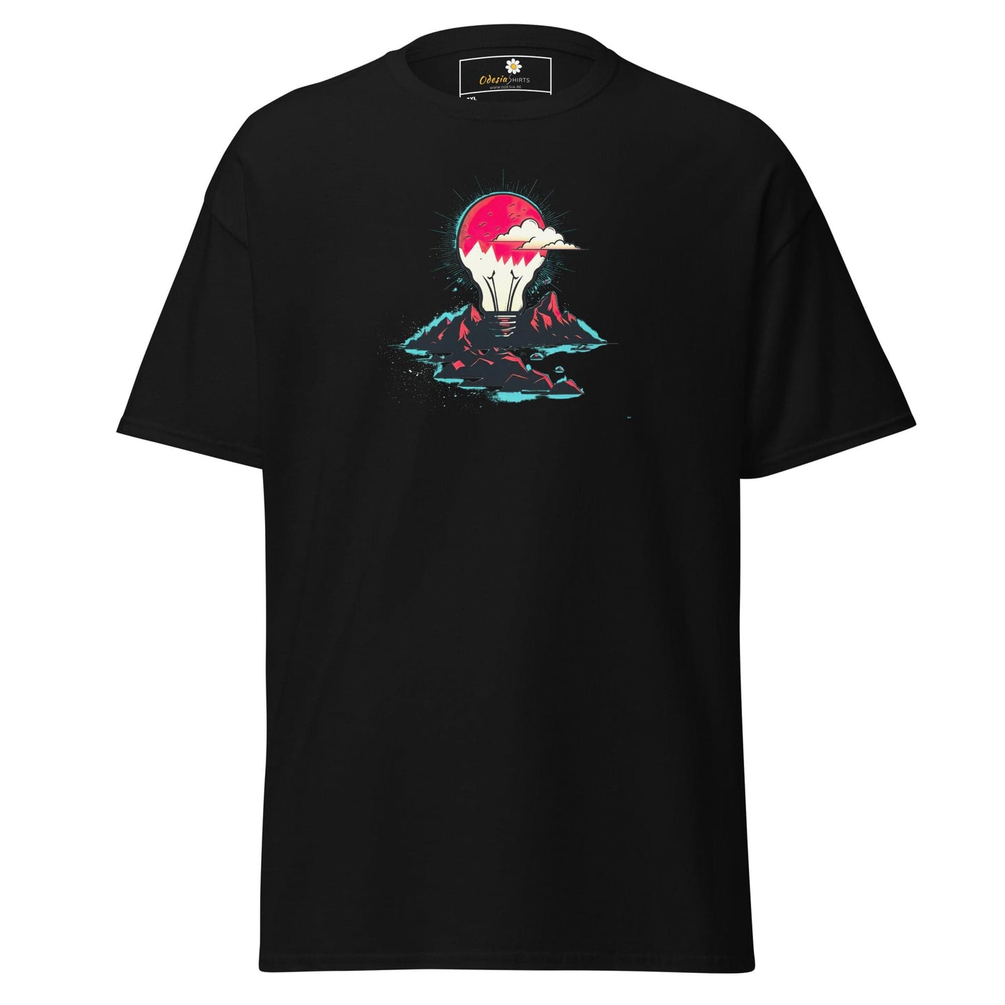 Black T-shirt with lightbulb design for Men and Women in sizes 2XL to 5XL