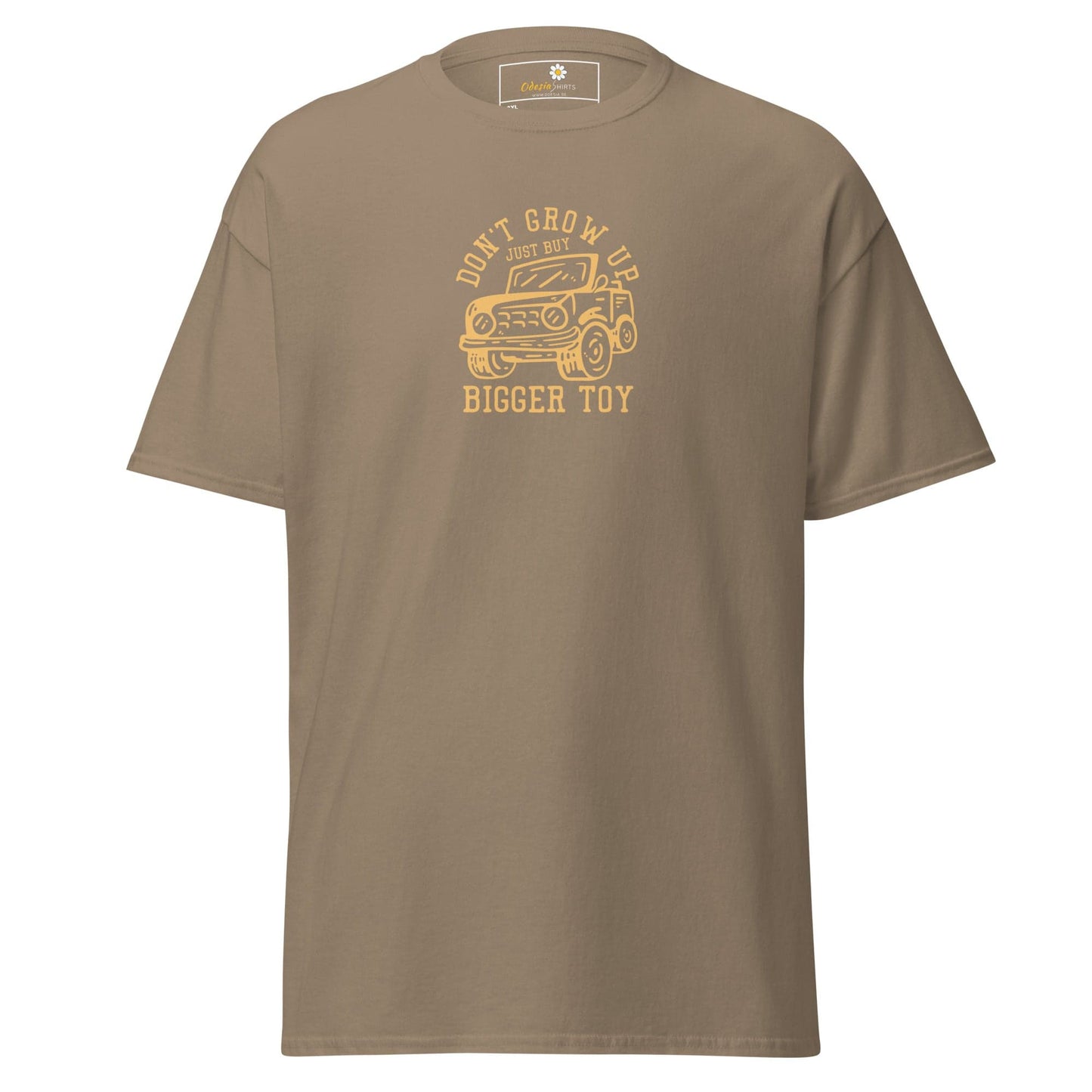 Khaki t-shirt with a car graphic.