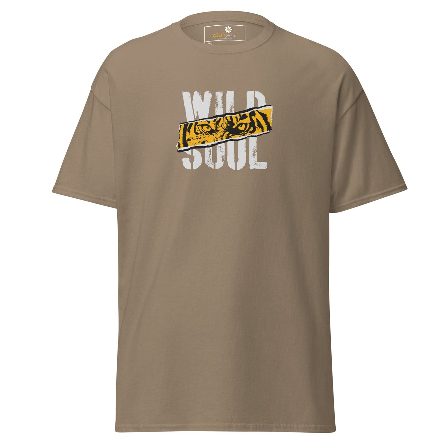 Khaki t-shirt with ’Wild Soul’ graphic.