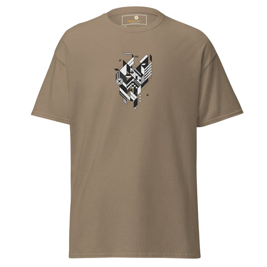 Khaki t-shirt with geometric design.