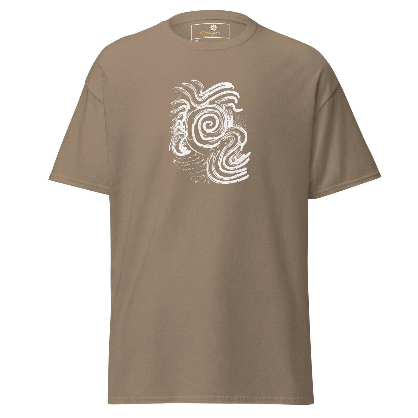 Khaki T-shirt with white swirl design for men and women in sizes 2XL to 5XL