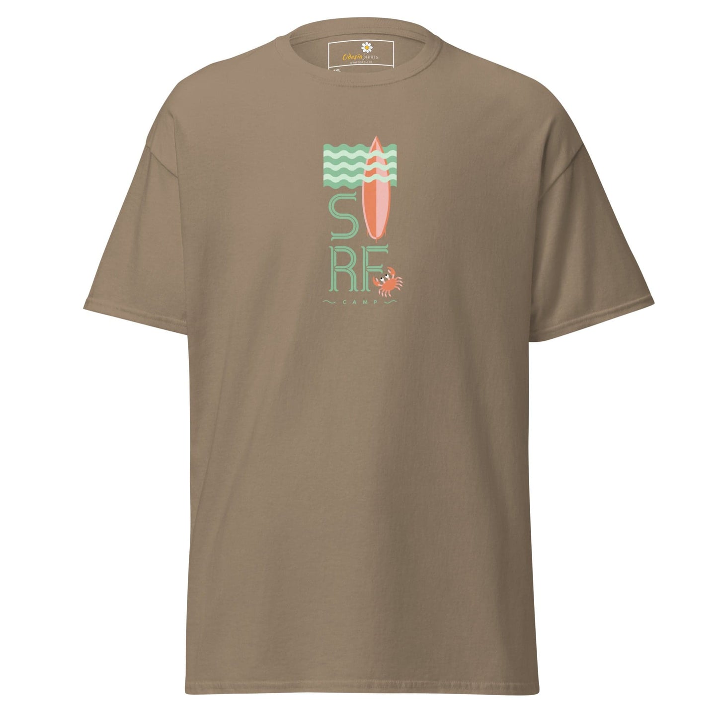 Khaki t-shirt with surf design.