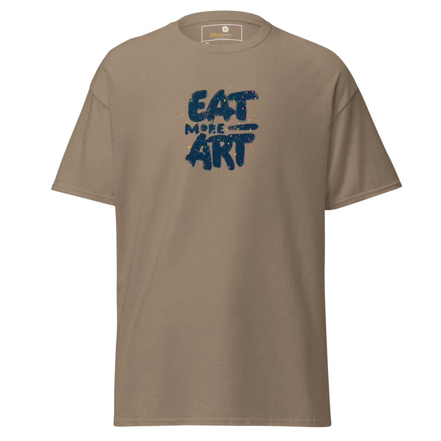 Khaki T-shirt with Eat More Art text, designed for Men and Women, available in 2XL to 5XL