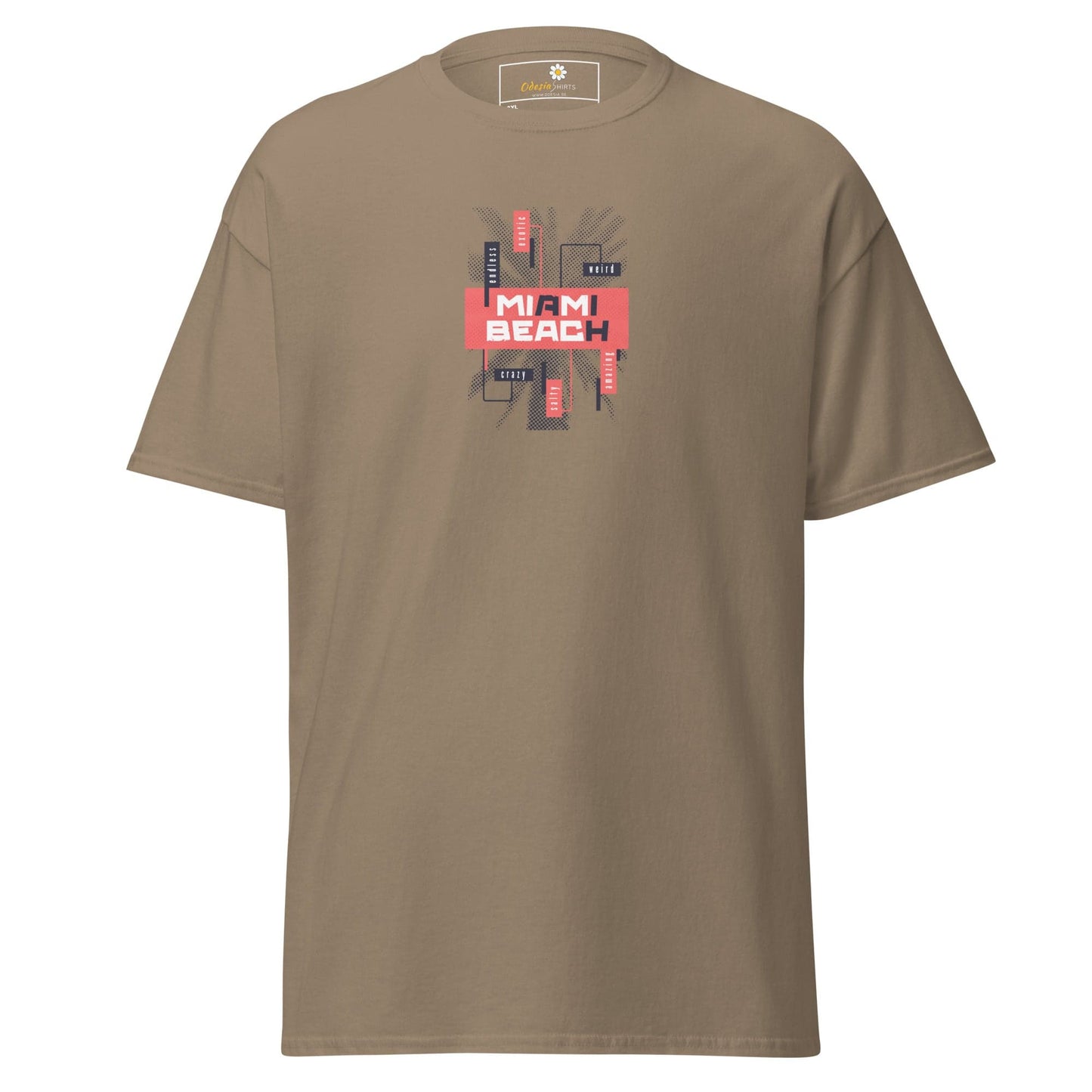 Khaki T-shirt with Miami Beach graphic for men and women, available from 2XL to 5XL