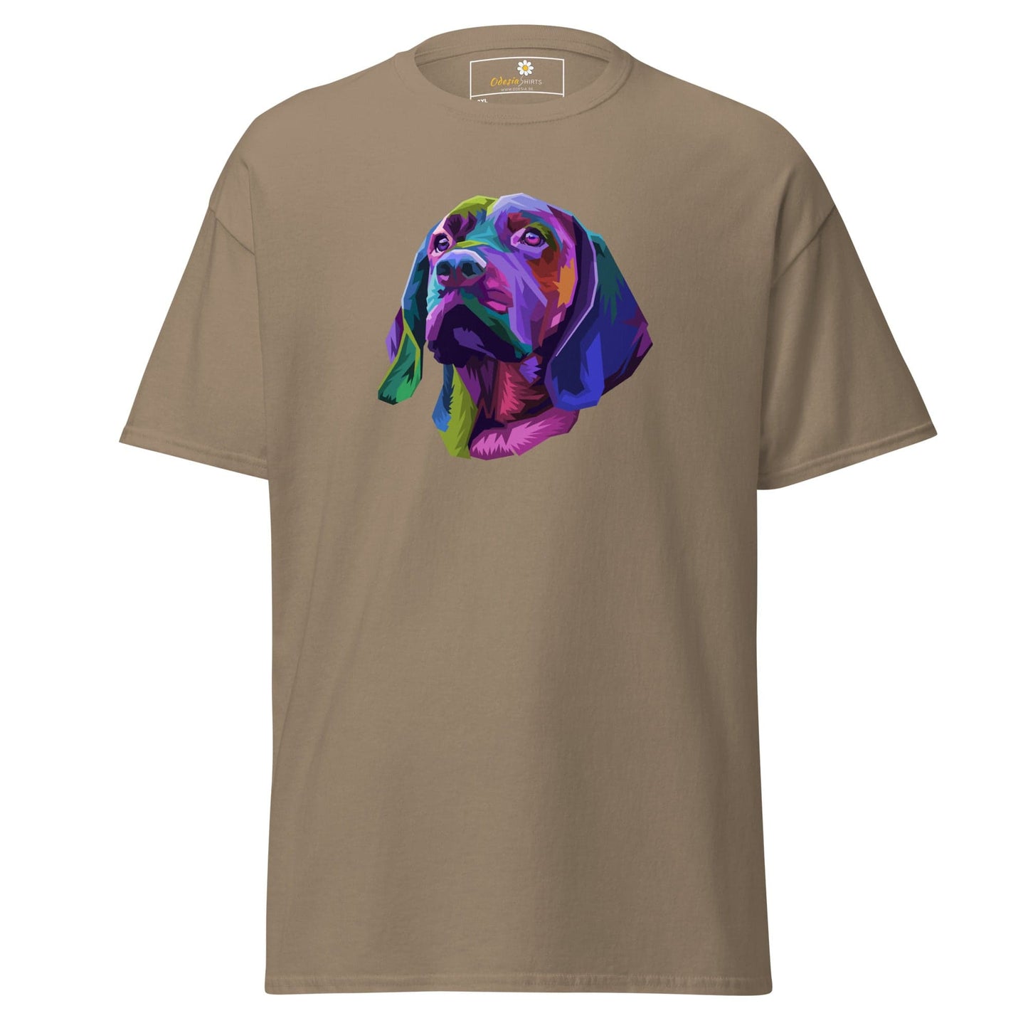 Khaki T-shirt for Men and Women with colorful dog graphic in 2XL to 5XL sizes