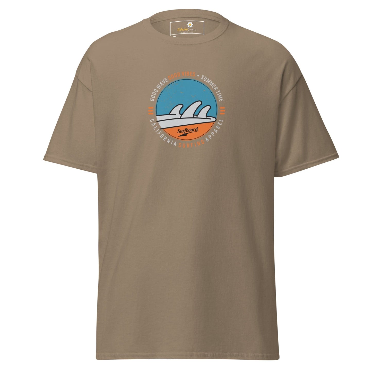Khaki t-shirt with a circular wave design.