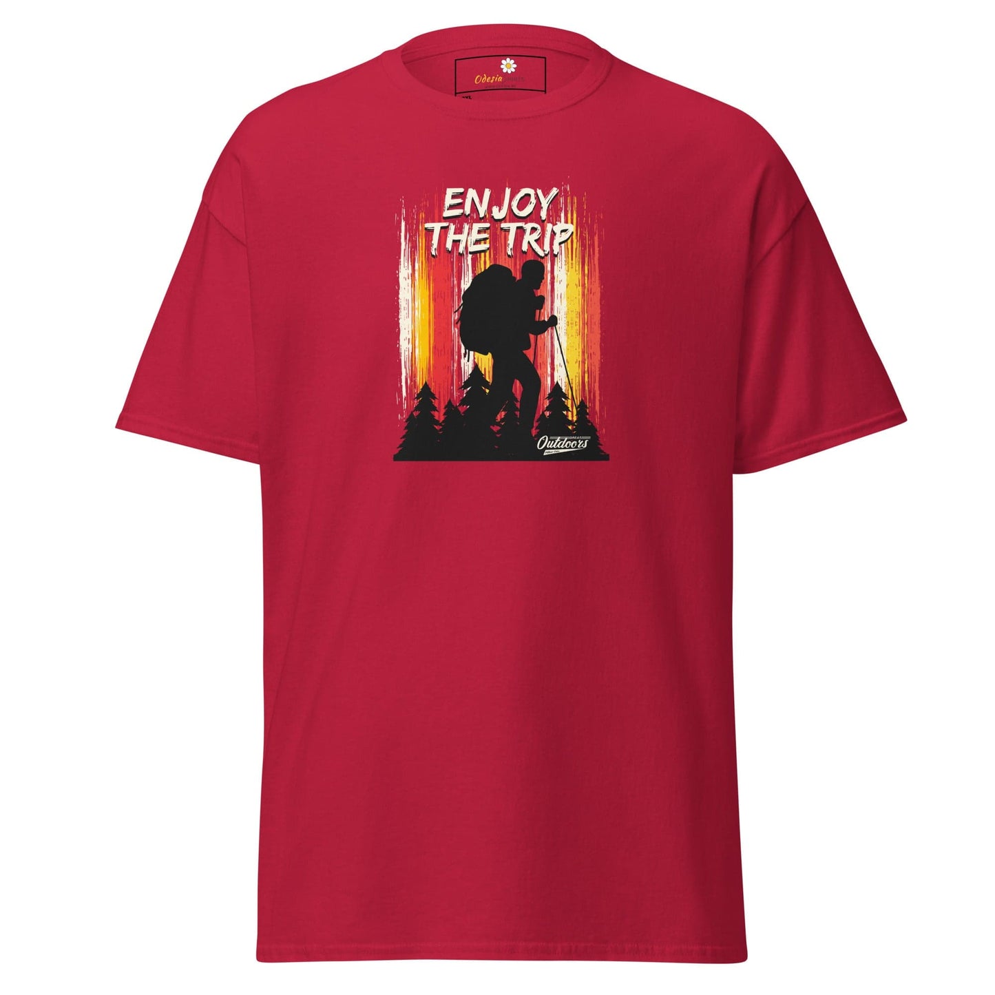 Red t-shirt with hiker graphic.