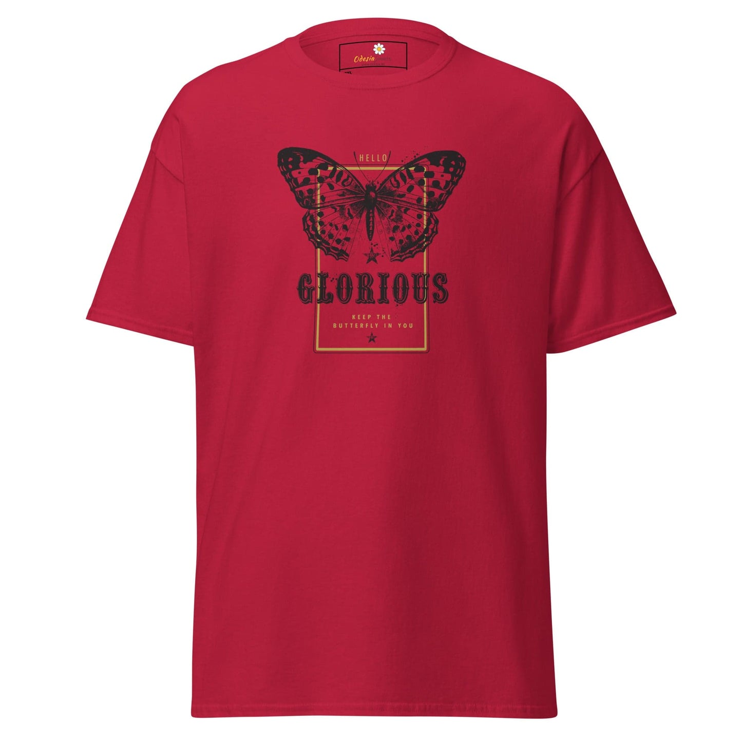 Red T-shirt with butterfly graphic for men and women in sizes 2XL to 5XL
