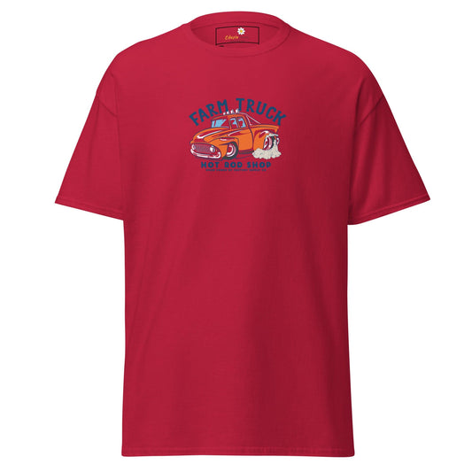 Red t-shirt with truck graphic.