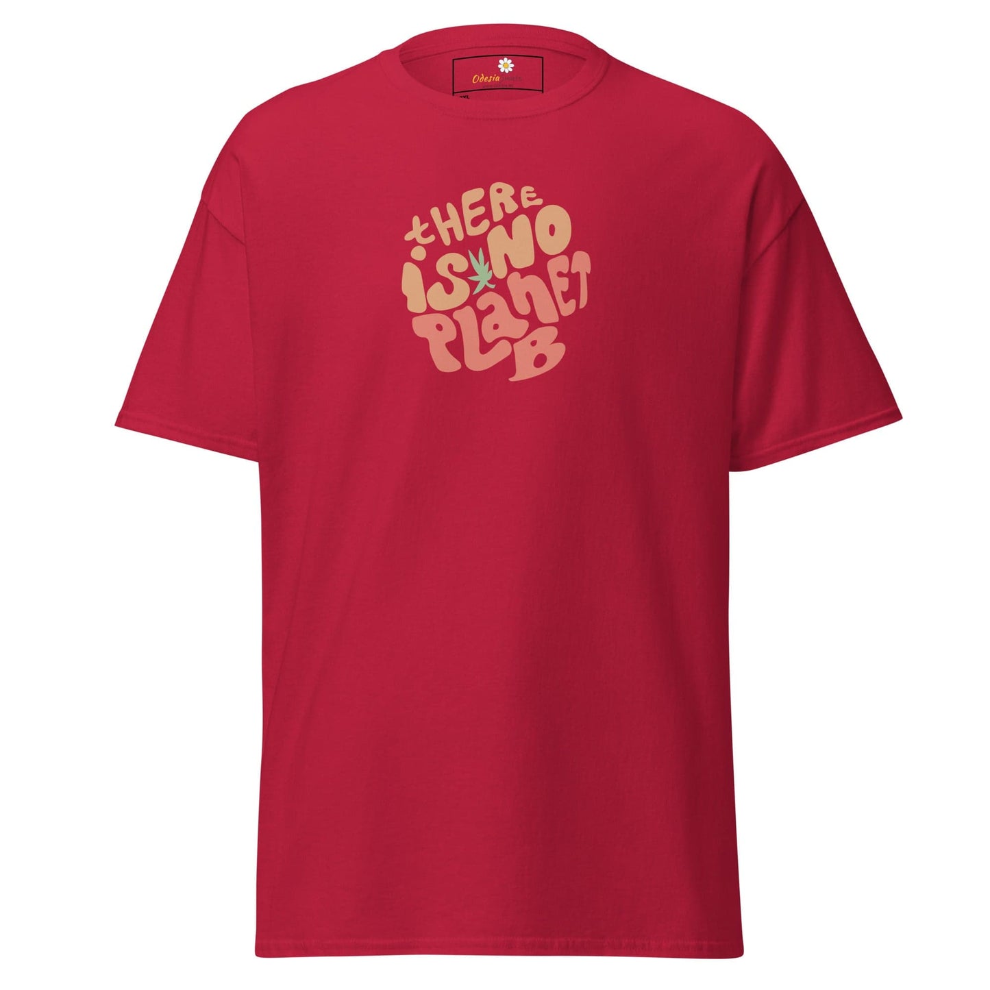 Red t-shirt with circular text design.
