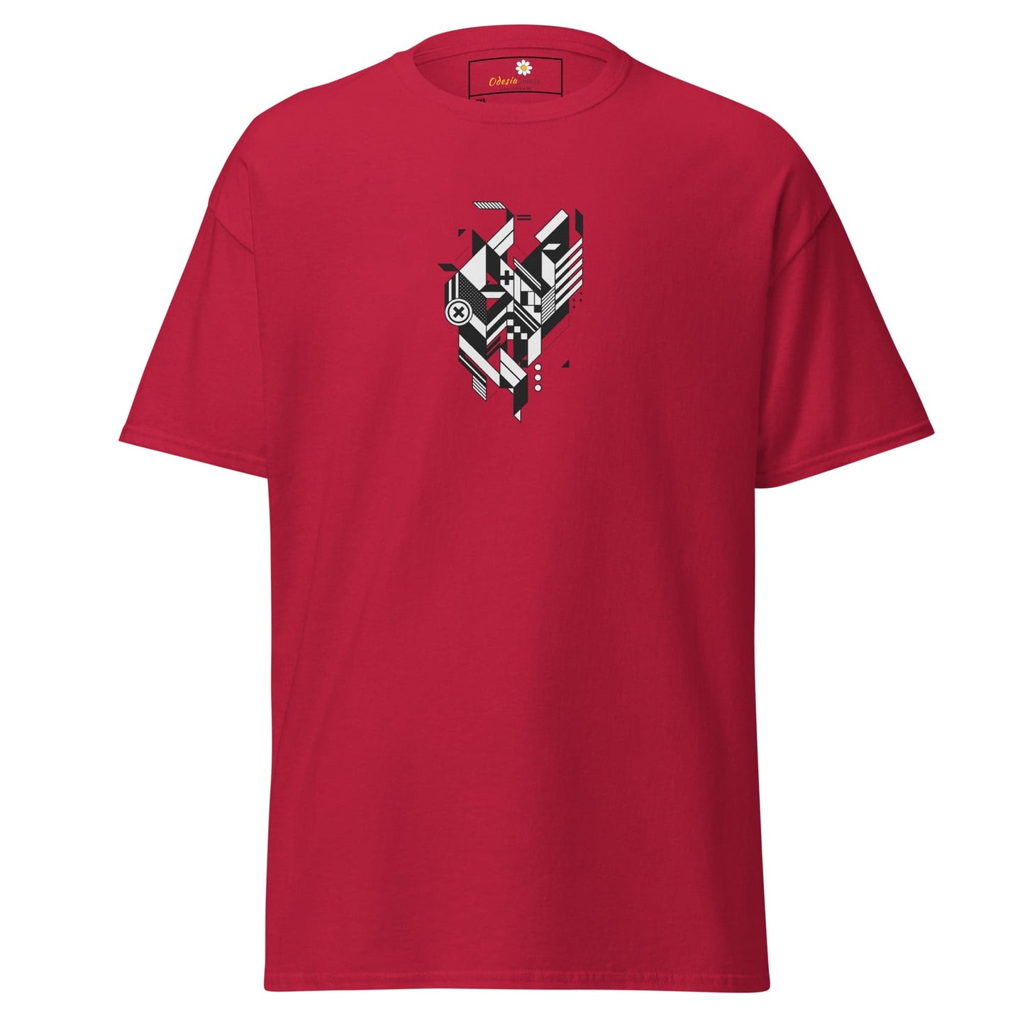 Red t-shirt with geometric design.