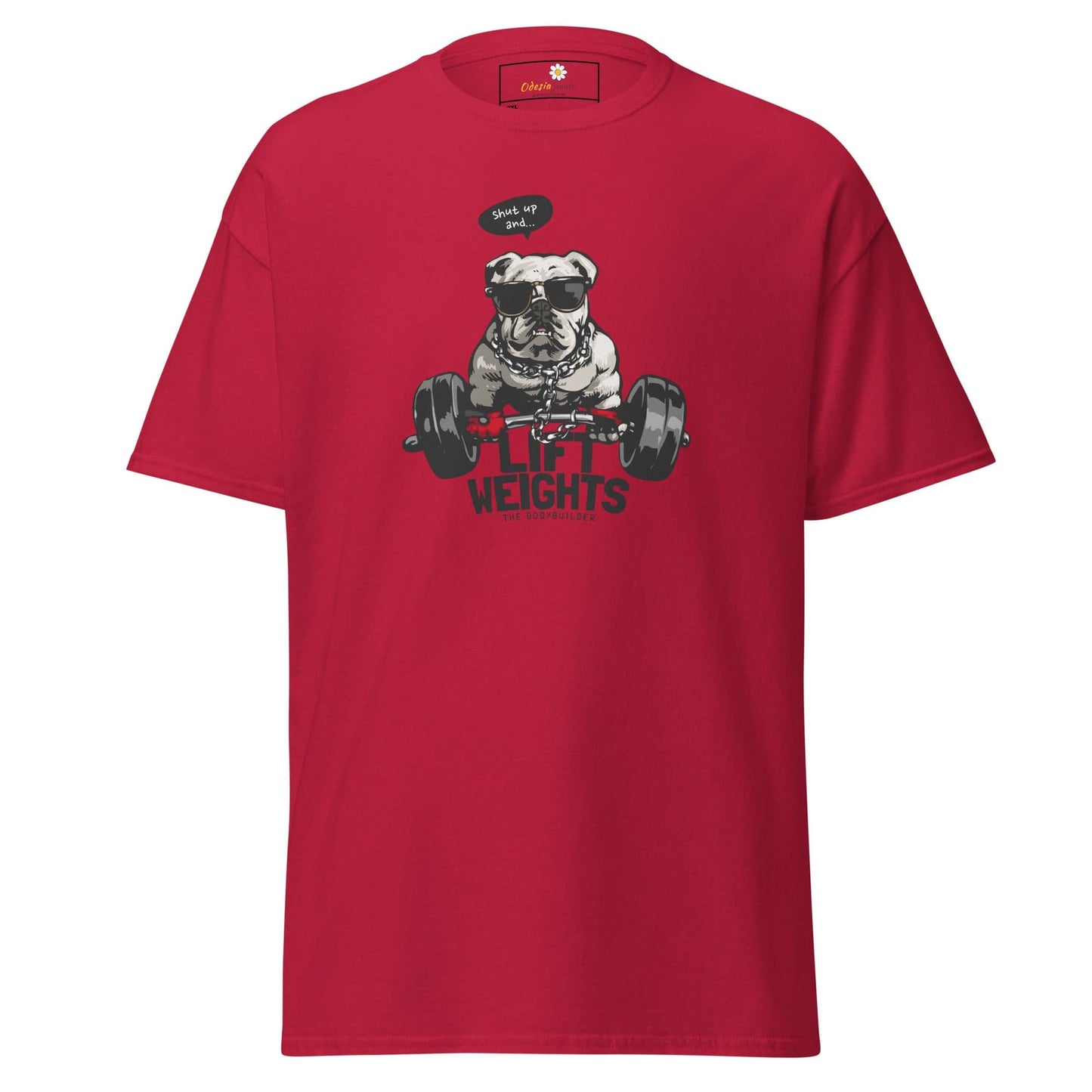 Red t-shirt with dog lifting weights graphic.