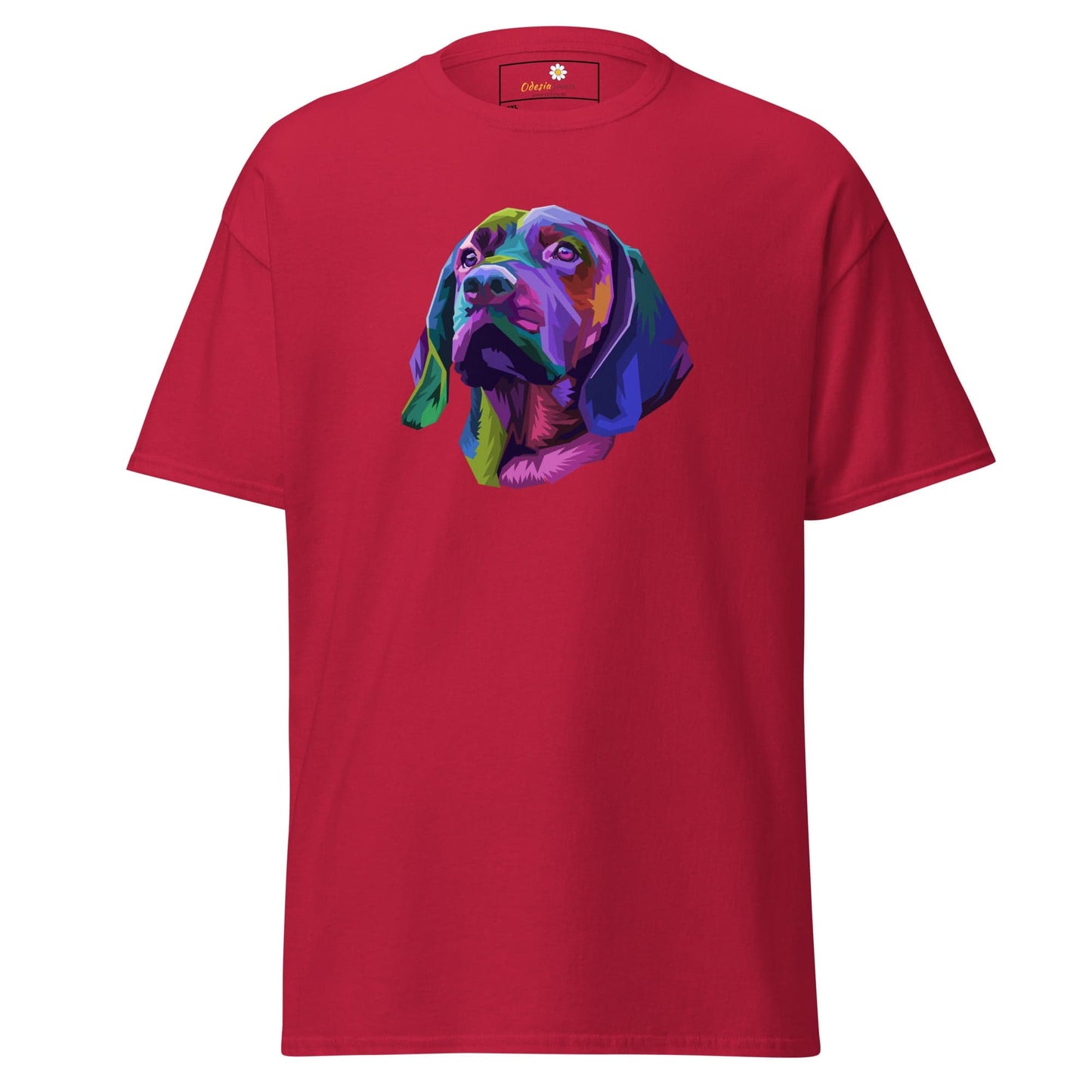 Red T-shirt featuring colorful dog graphic for Men and Women in 2XL to 5XL sizes