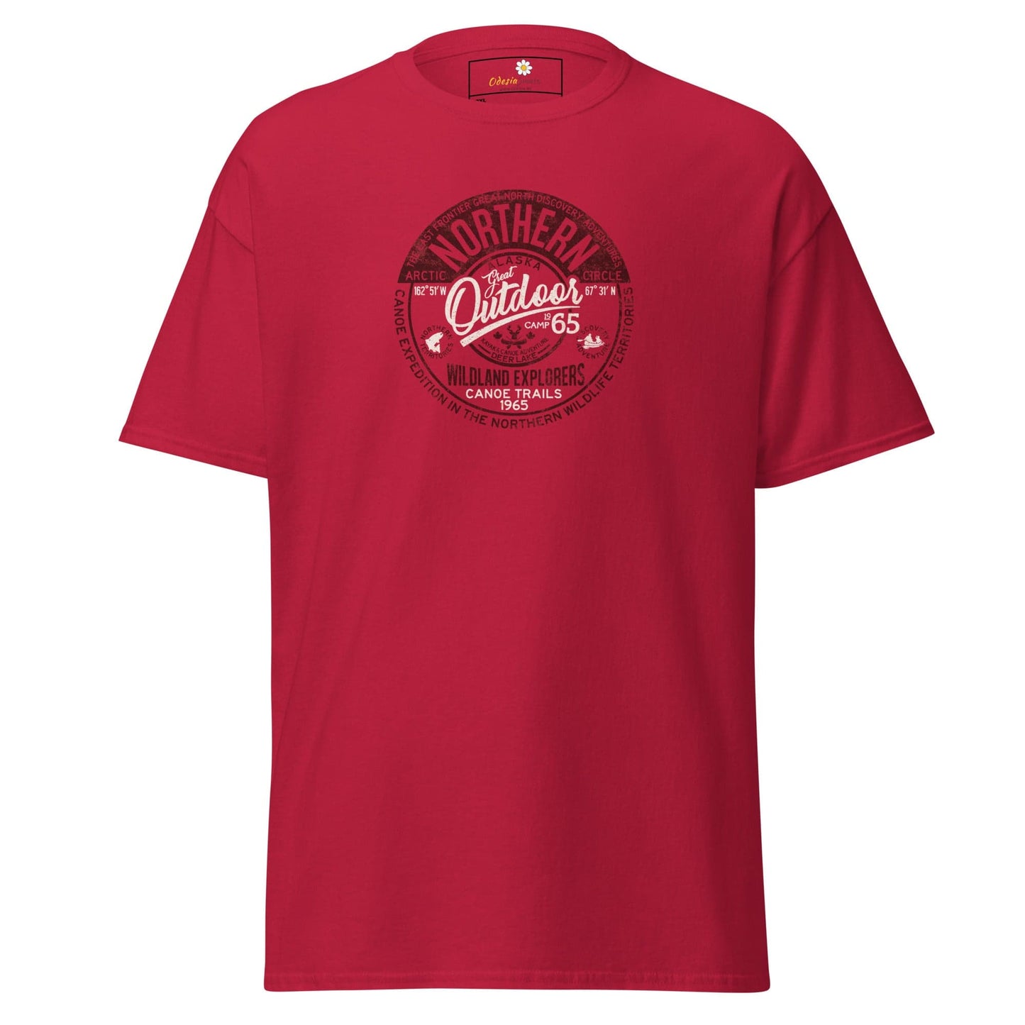 Red t-shirt with circular graphic.