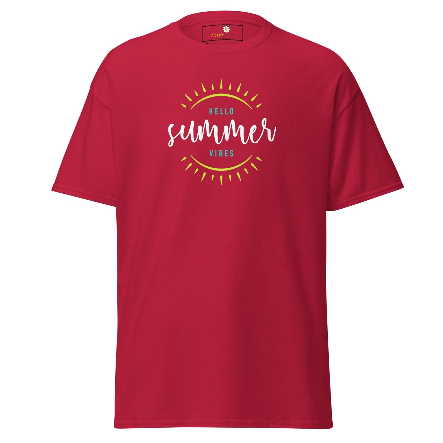 Red t-shirt with ’Hello Summer Vibes’ graphic.