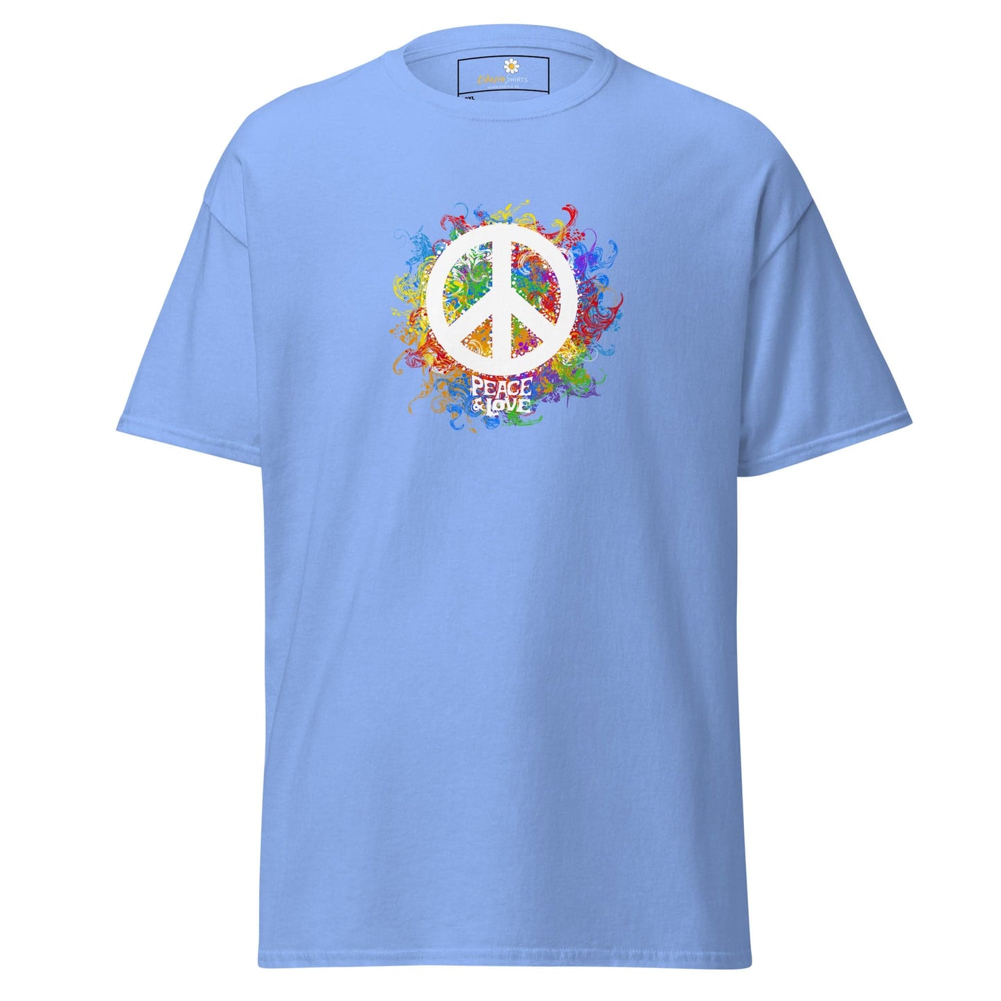Light blue T-shirt with peace sign design for men and women in sizes 2XL to 5XL