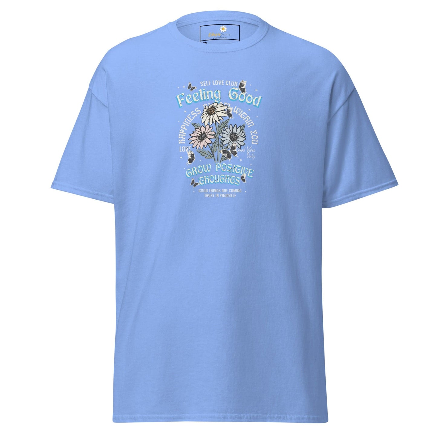 Light blue t-shirt with floral design.