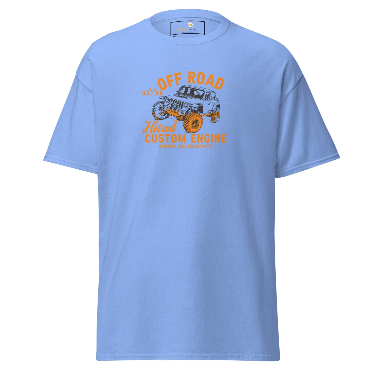 Light blue t-shirt with off-road vehicle graphic.