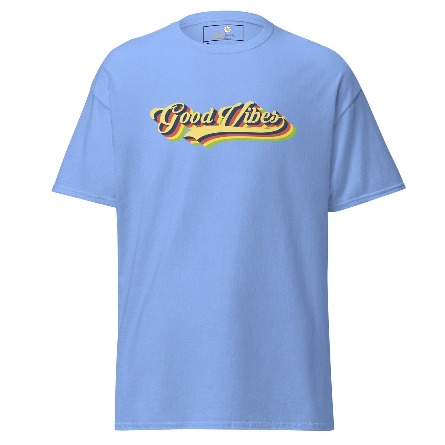 Light blue t-shirt with ’Good Vibes’ text.