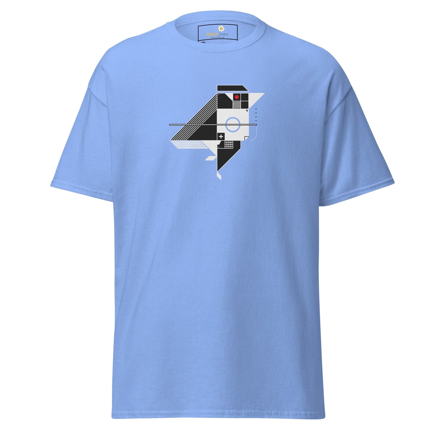 Light blue t-shirt with geometric design.