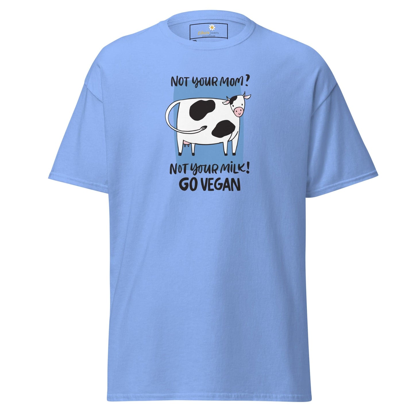Light blue t-shirt with cow graphic.