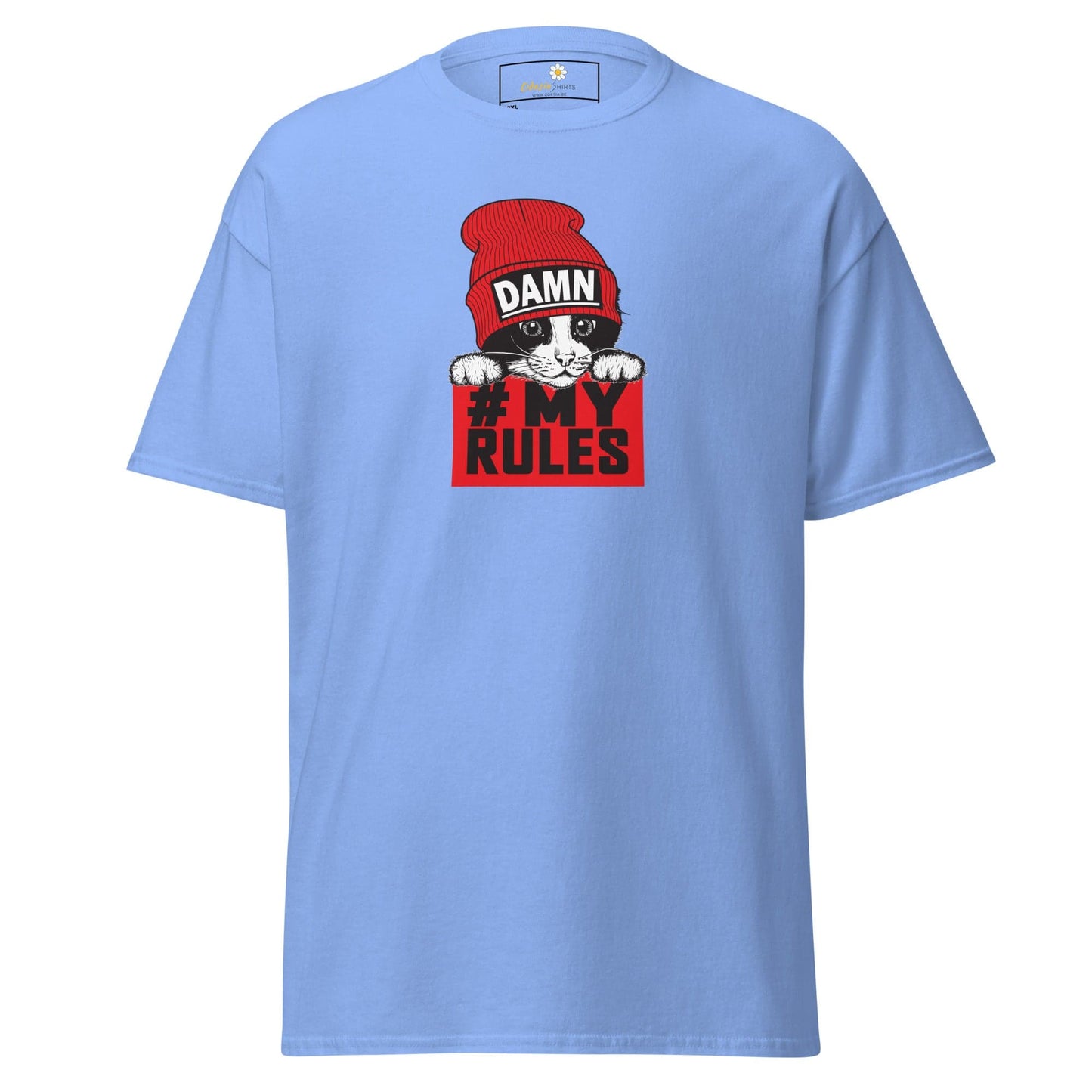 Light blue t-shirt with cat graphic.