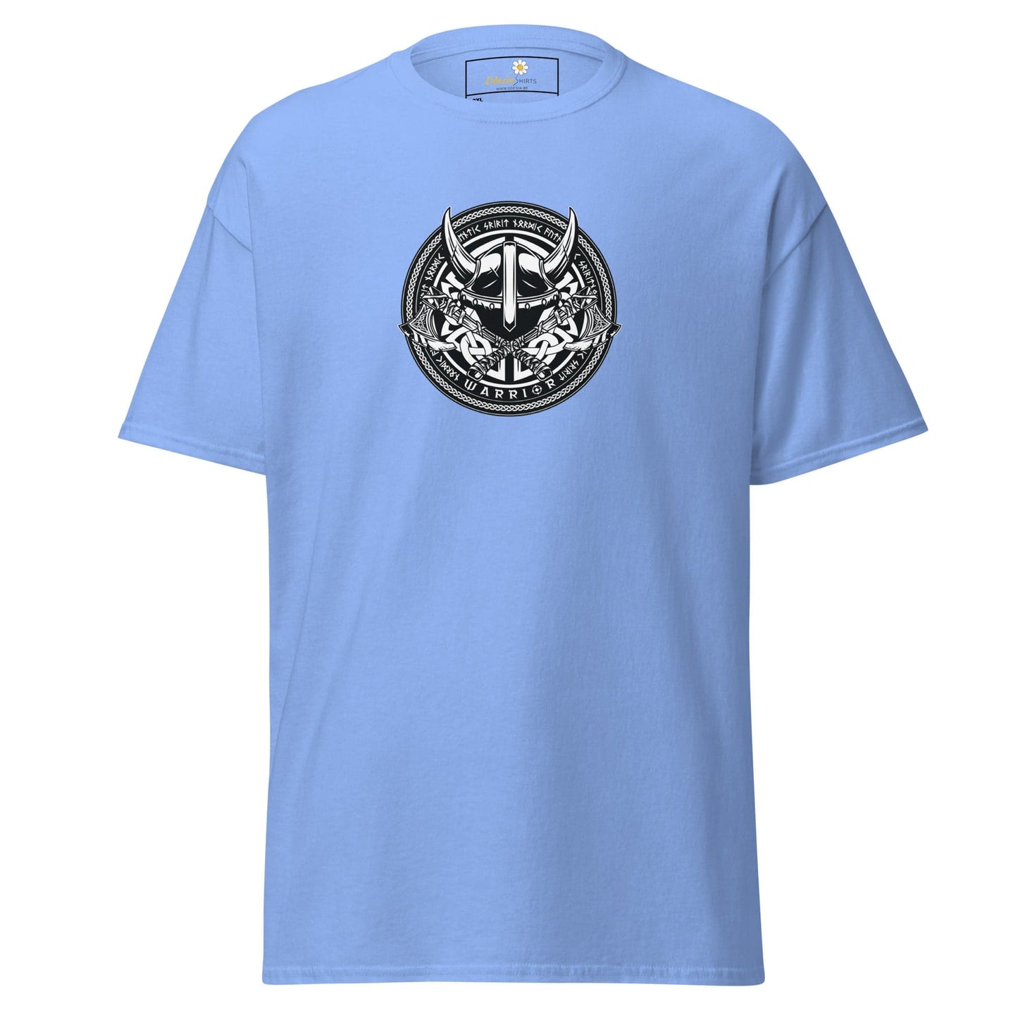 Light blue t-shirt with Viking helmet graphic.