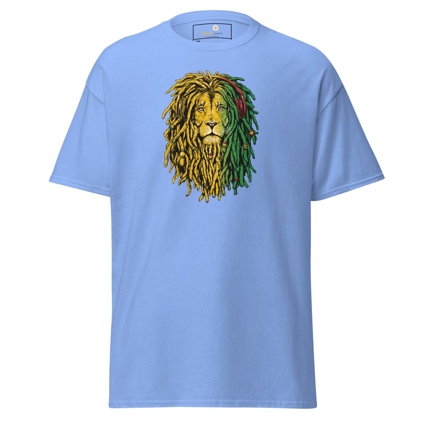Light blue t-shirt with lion graphic.