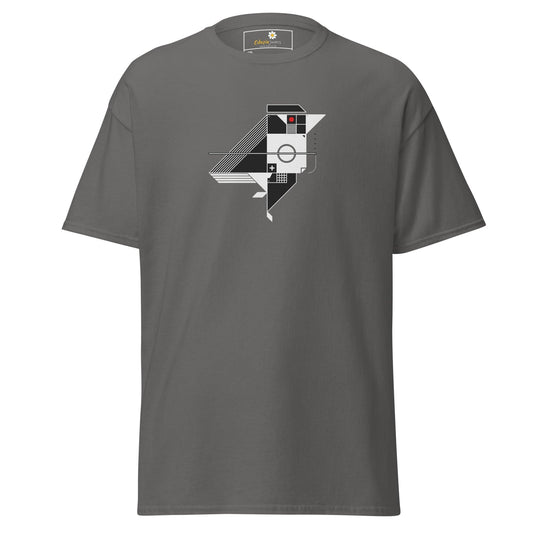 Gray t-shirt with geometric bird design.