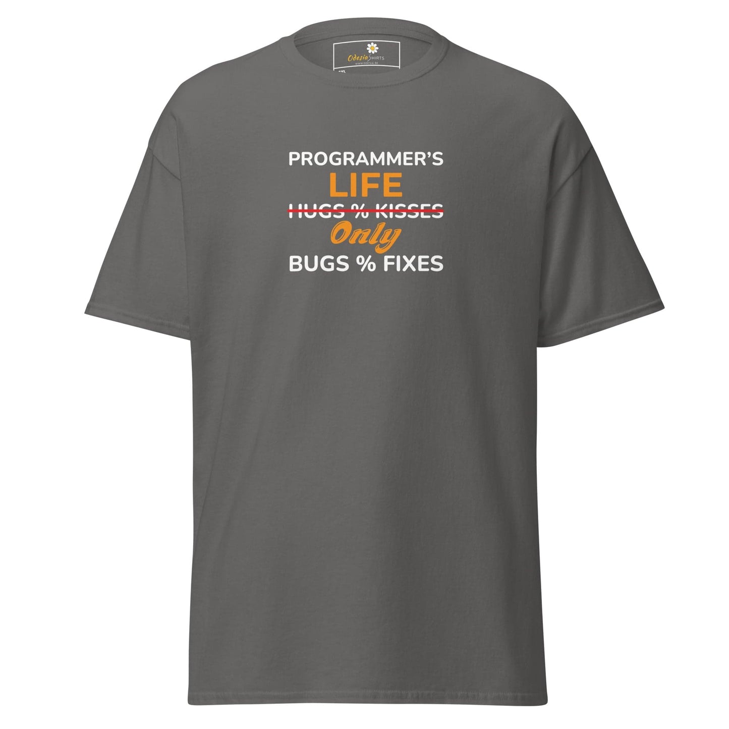 Gray t-shirt with programmer humor.